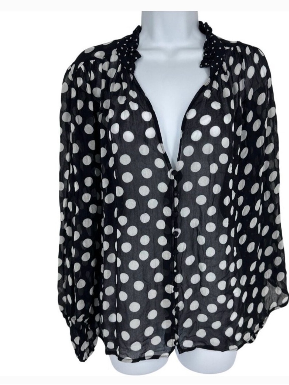 Anthropologie Black & White Polka Dot Sheer Button-Front Blouse